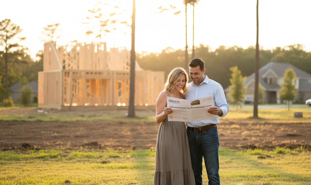 Couple reviewing construction loan documents on their property.