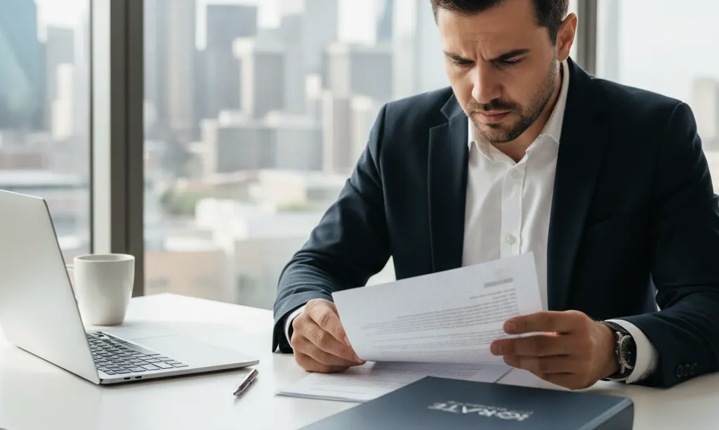 Stressed real estate agent reviewing paperwork in Dallas.