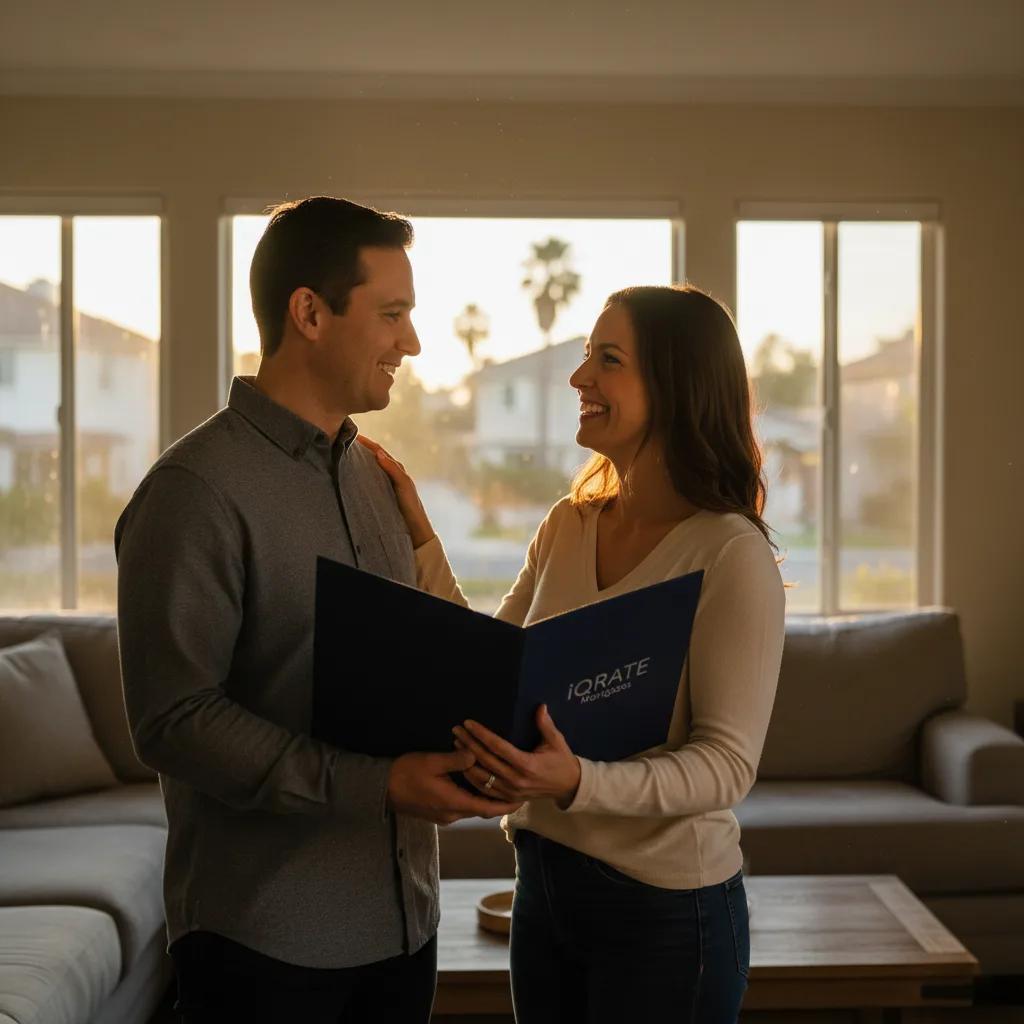 Couple happily reviewing home financing documents.