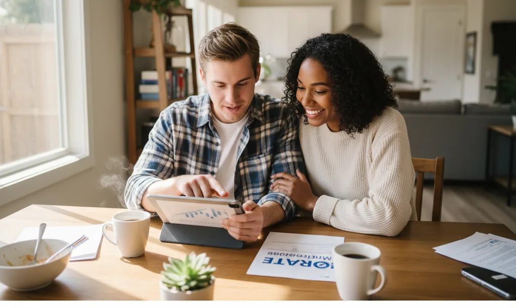 Couple at table feeling relief about mortgages.