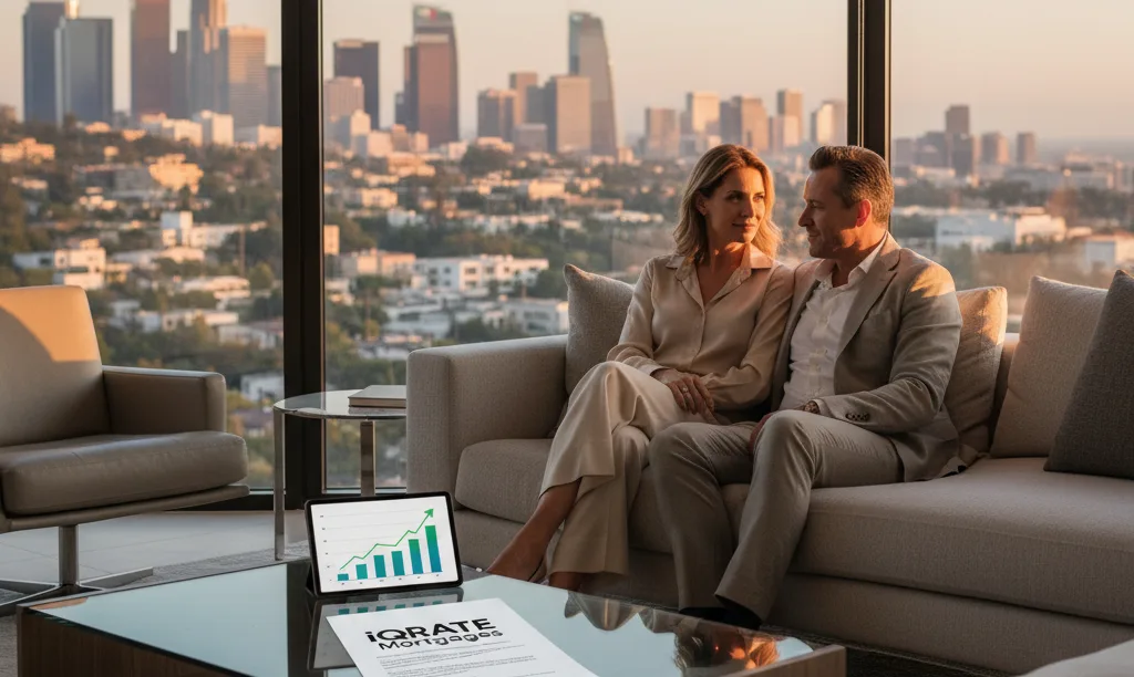 Couple in luxury home reviewing iQRATE Mortgages document.