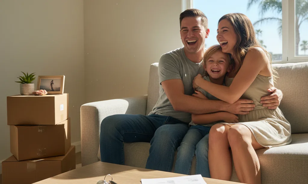 Military family celebrating in their new San Diego home.