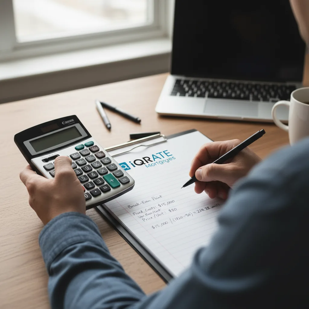 A calculator and pen on top of mortgage paperwork representing a break-even point calculation