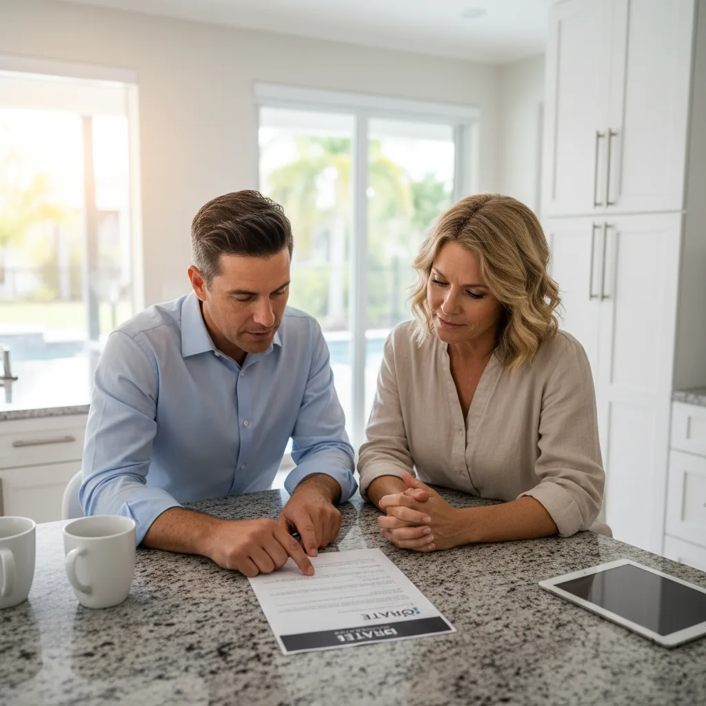 Loan document with a magnifying glass over the fine print on fees