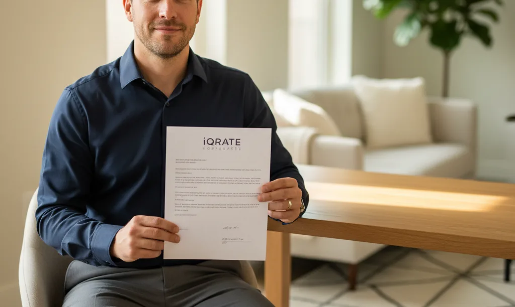 Business owner reviews iQRATE Mortgages qualification letter.