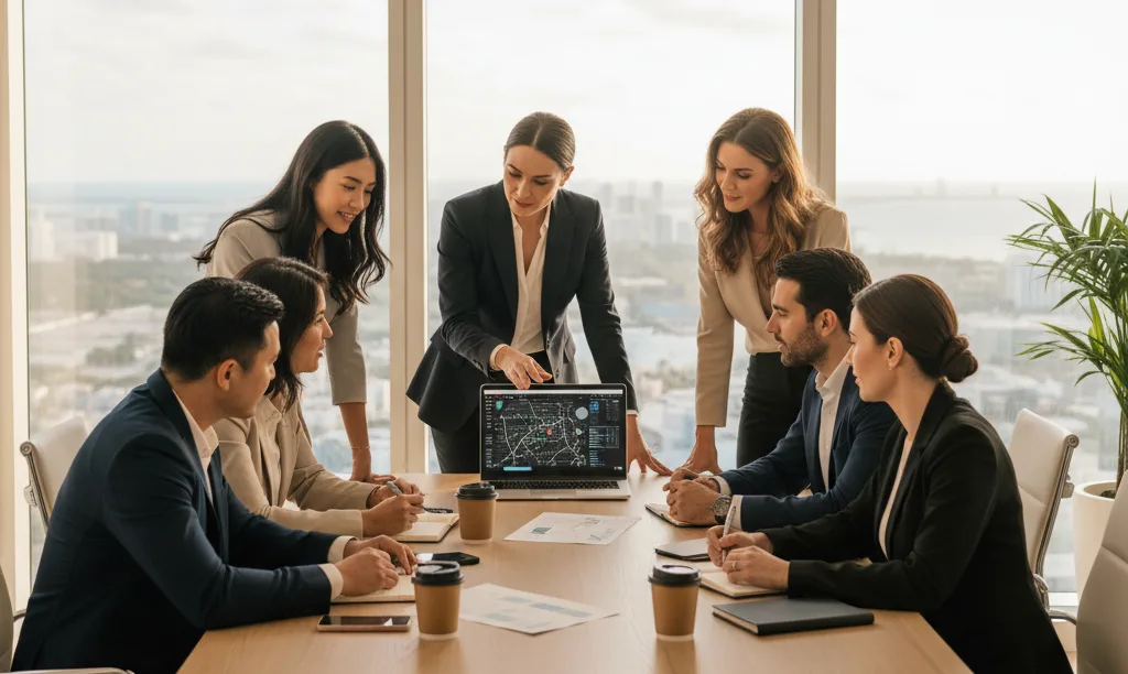 Florida real estate team productively collaborating in Miami.