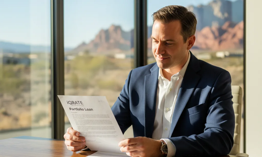 Investor reviewing iQRATE Mortgages portfolio loan documents.