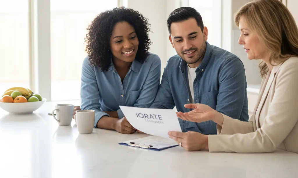 Couple discussing their closing disclosure with a mortgage professional.