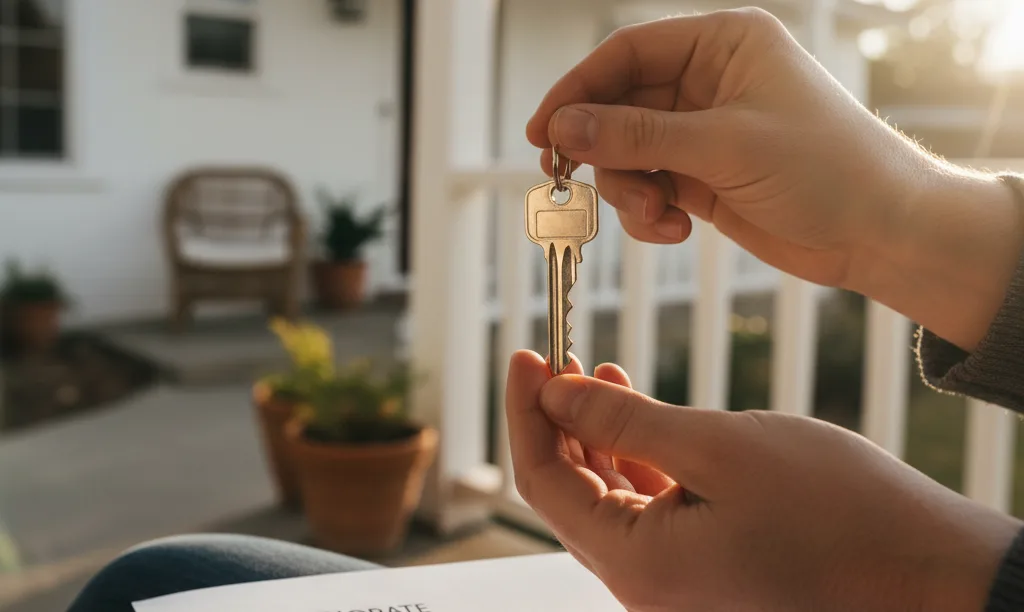 Close-up of hands holding a new key.