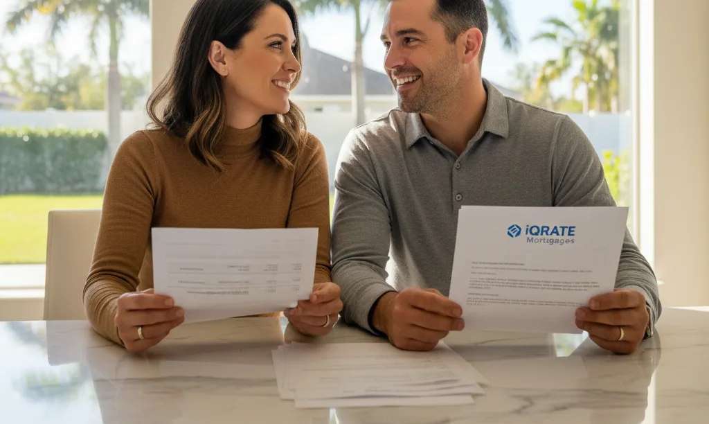 Couple reviews foreign asset documents with iQRATE Mortgages.