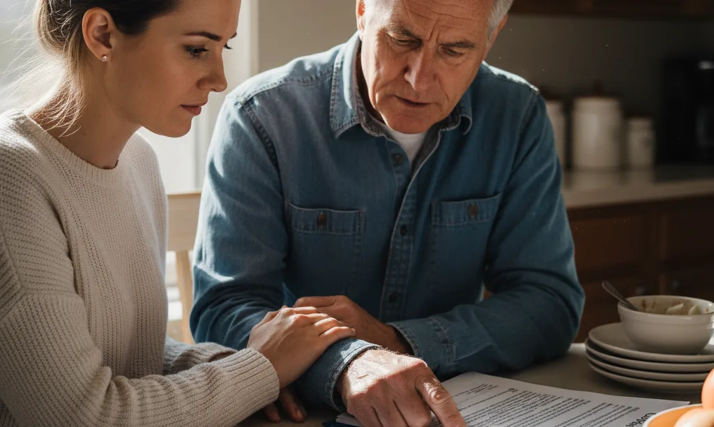 Father and daughter seriously discussing a mortgage document.