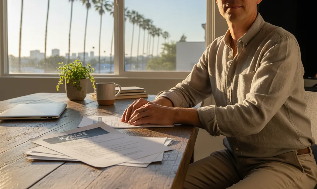 Self-employed person organizing mortgage documents in sunny LA office.