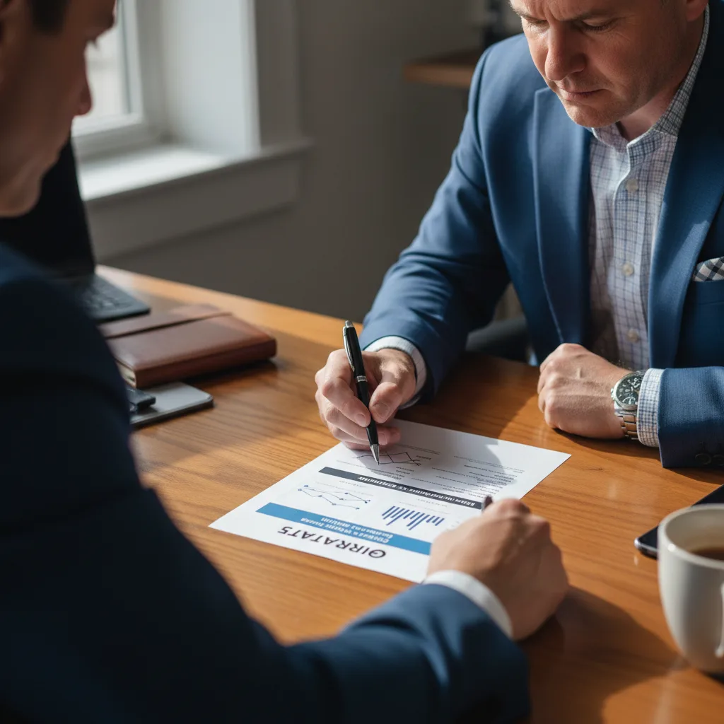 An underwriter reviewing complex loan documents at a desk.