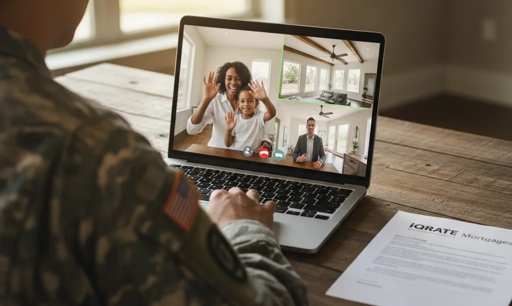 Military member video calling family for remote Texas home tour.