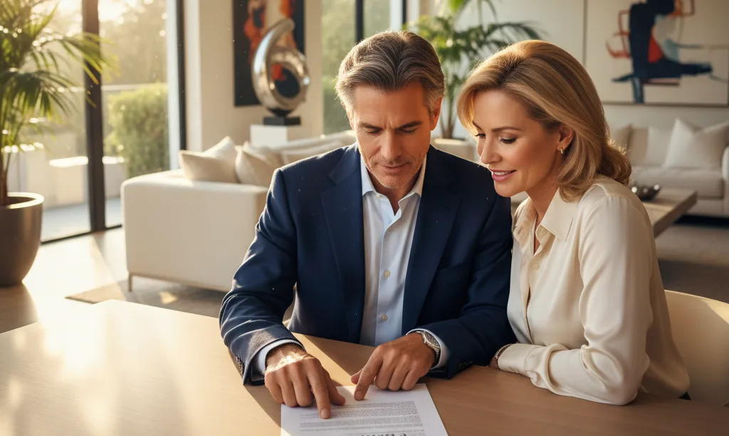 Couple reviewing iQRATE Mortgages trust documents at home.