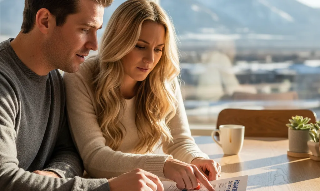 Couple in Nevada home analyzing mortgage costs.