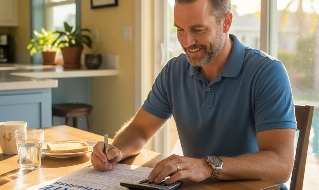 Veteran in Florida home confidently reviews refinance documents.