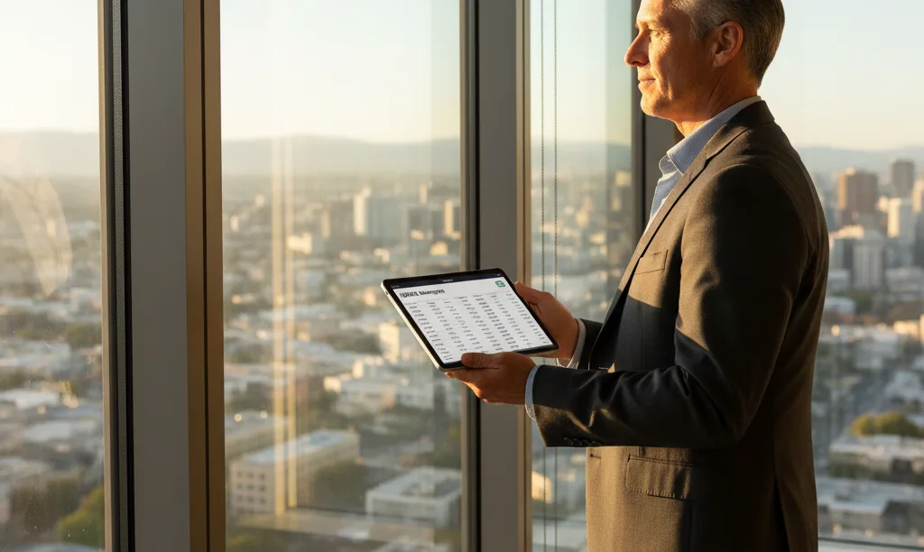 Investor with tablet overlooking San Jose skyline.