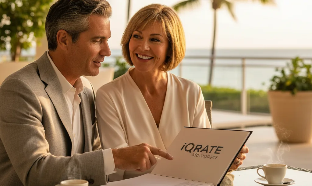 International couple reviewing mortgage documents in Palm Beach.