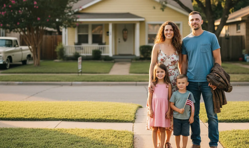 Military family looking proudly at their new Texas home.