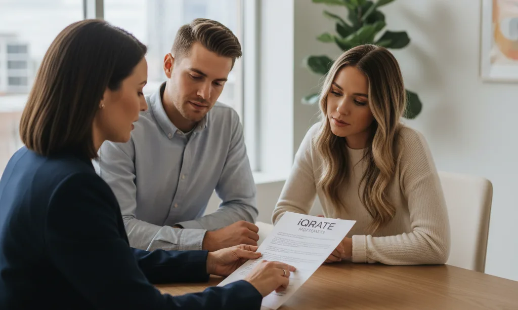 Loan officer explaining iQRATE Mortgages document to couple.