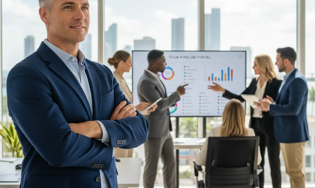 Confident real estate leader observes his scaling team.