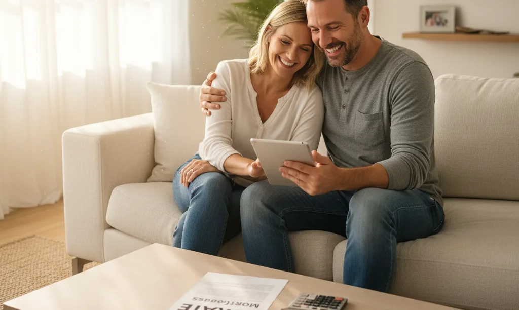 Couple happily reviews refinance savings on tablet.