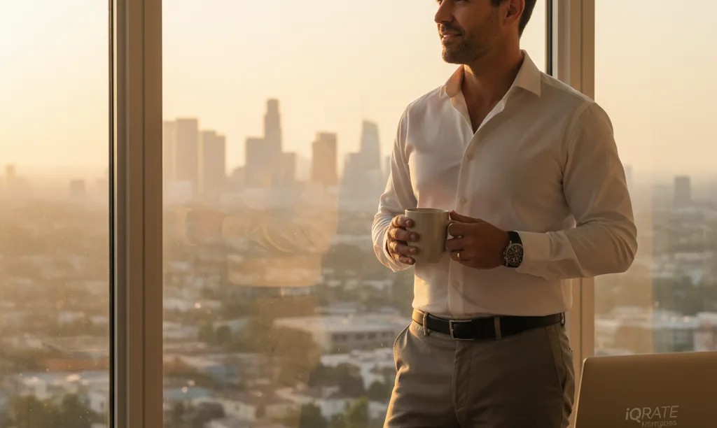 Confident business owner in a sunny California home office.