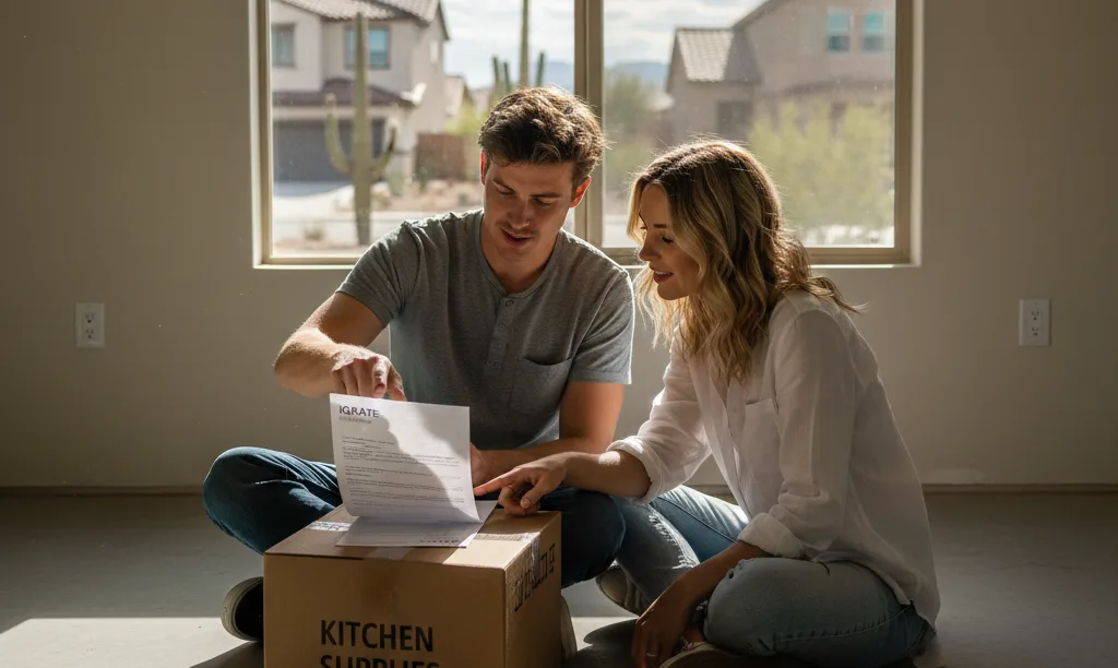 Couple discussing iQRATE Mortgages loan in new home.