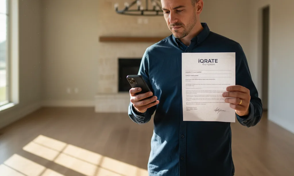 Military member reviews iQRATE Mortgages document in Texas home.