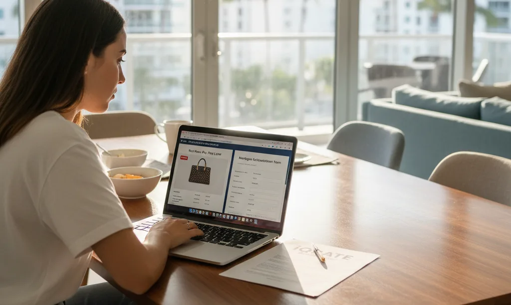 Woman considers BNPL impact on mortgage application.