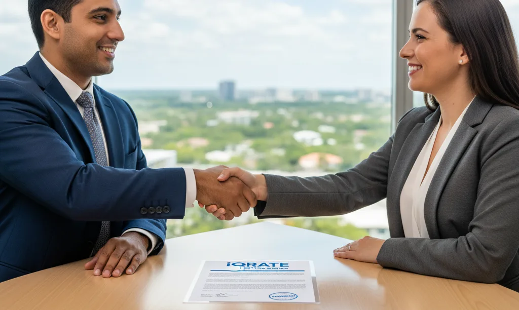 Investor and loan officer shaking hands successfully.