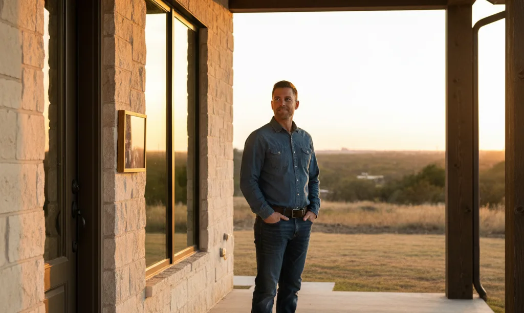 Veteran smiling on porch of new Texas home.