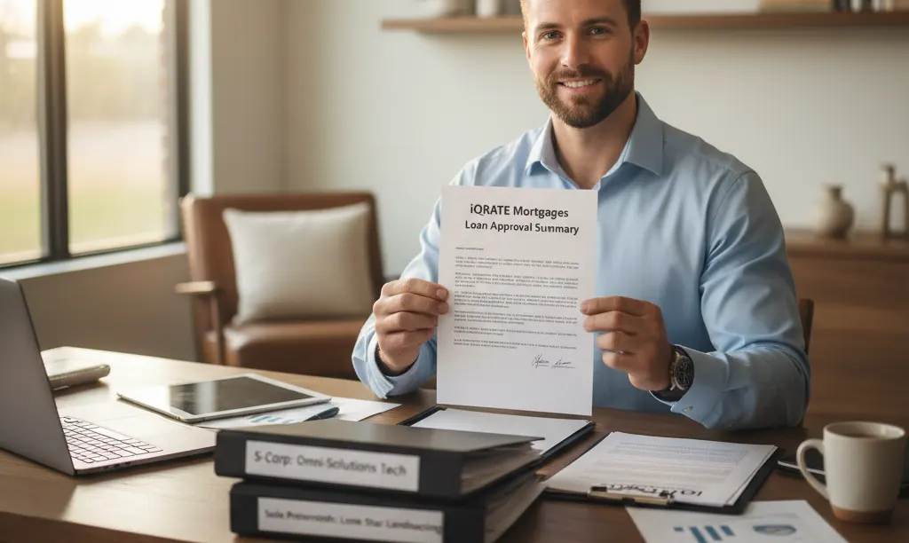 Texas business owner reviewing iQRATE Mortgages documents.