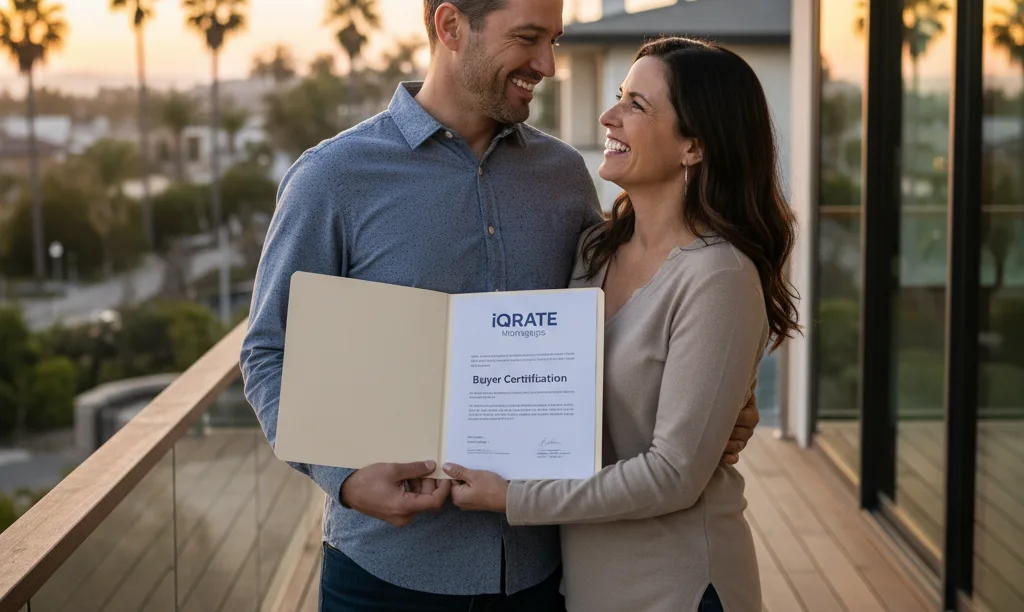 Confident couple holding iQRATE Mortgages Buyer Certification.