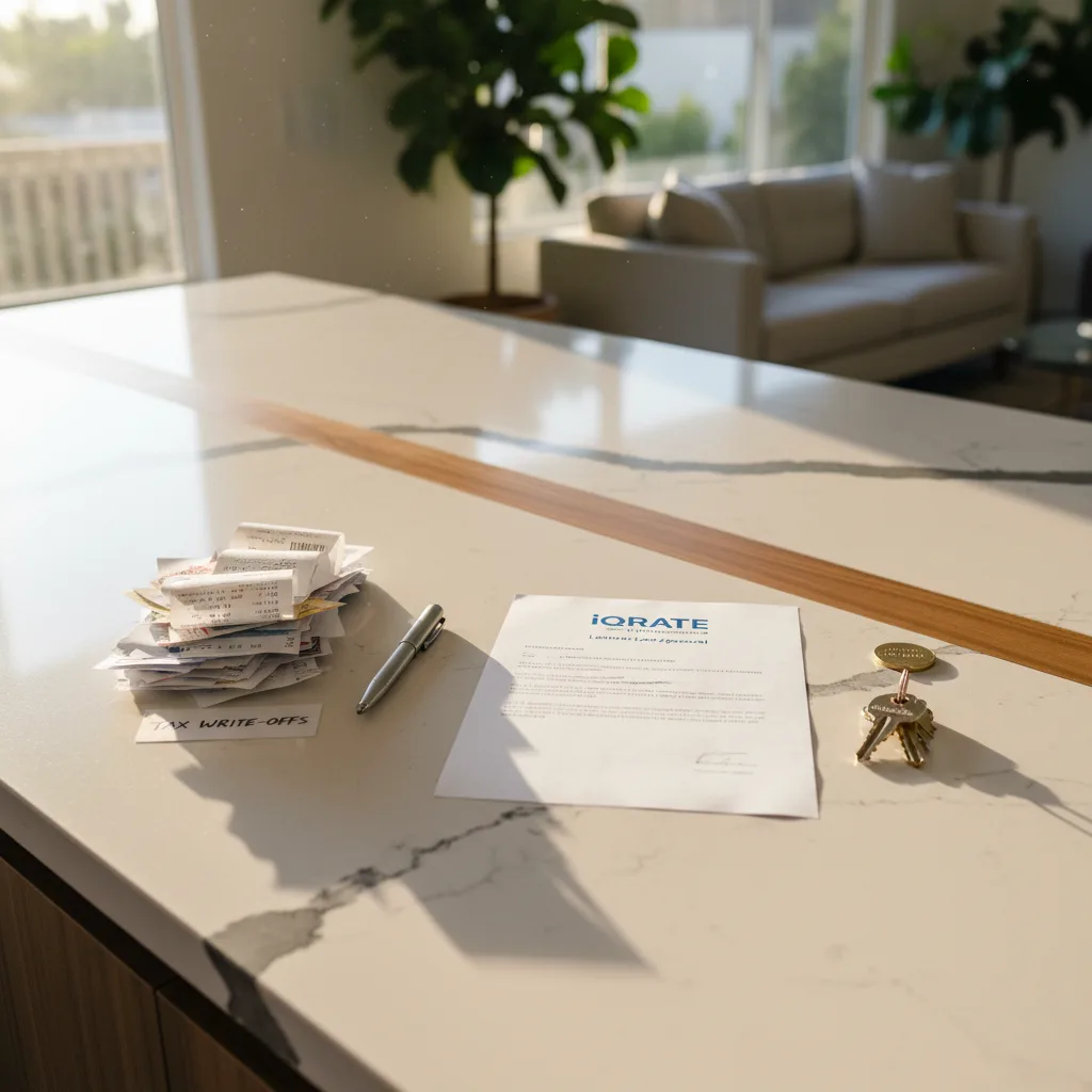 A person reviewing financial documents and tax forms on a desk with a calculator.