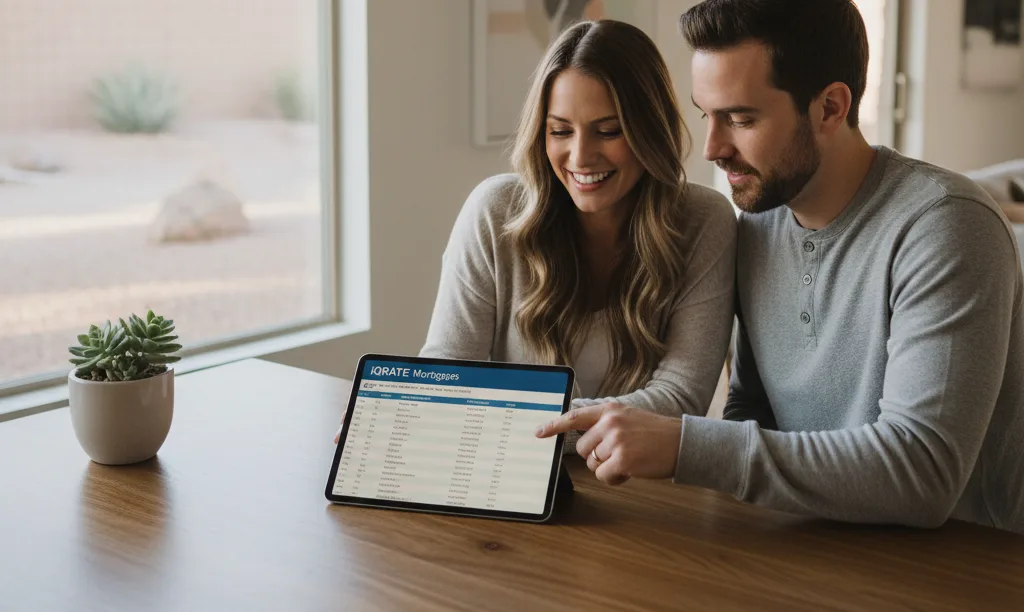 Couple confidently comparing iQRATE Mortgages loan options.