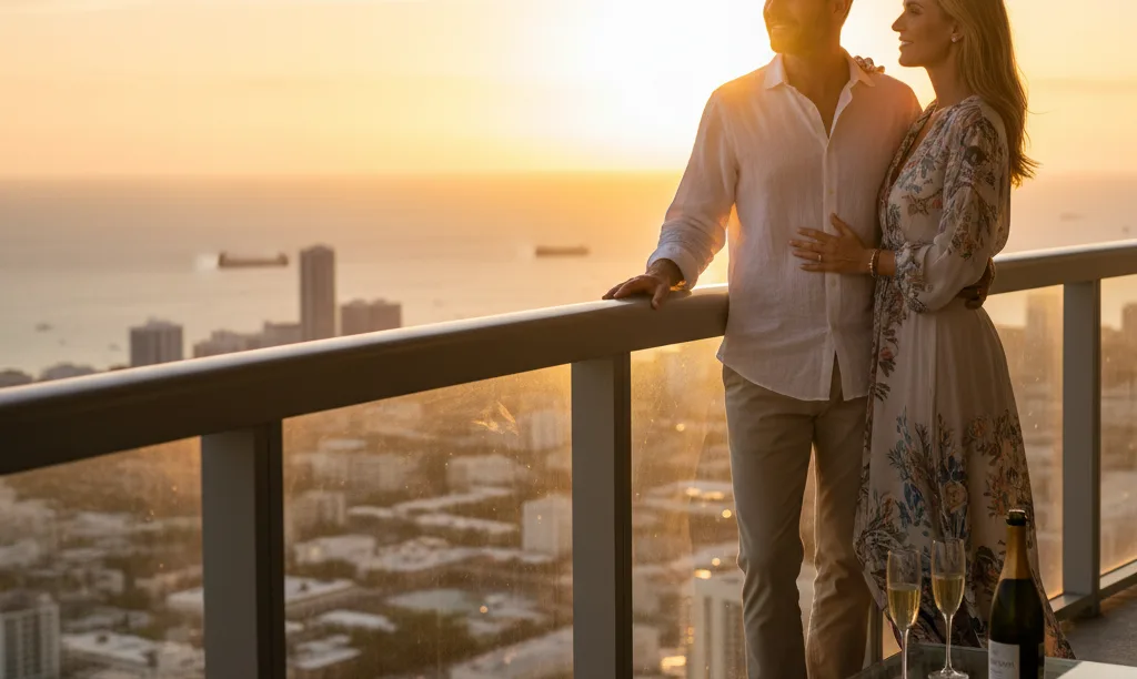 A confident couple on a luxury Miami balcony.