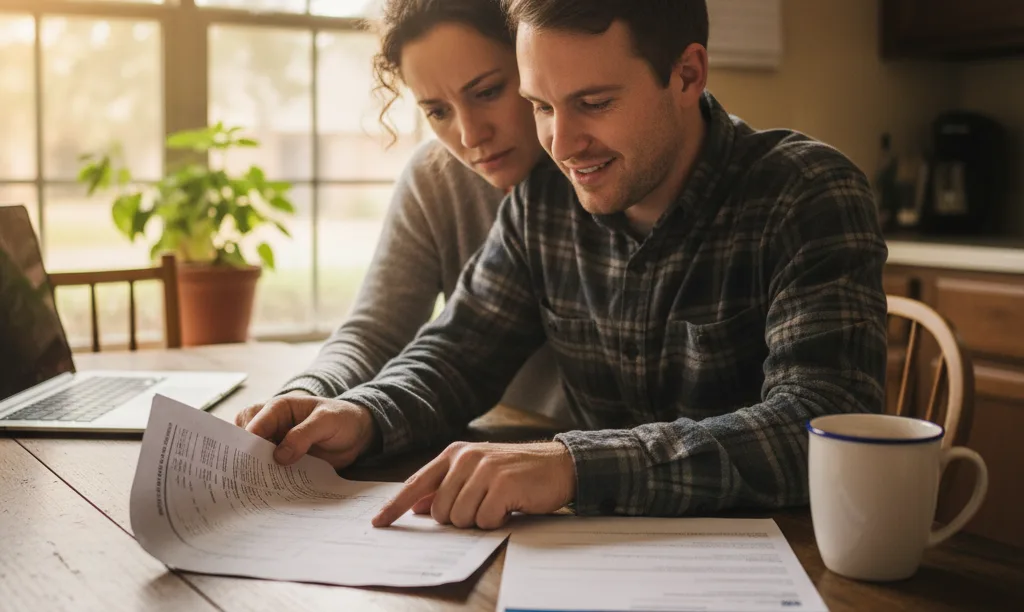 Couple reviewing iQRATE Mortgages document with concern.