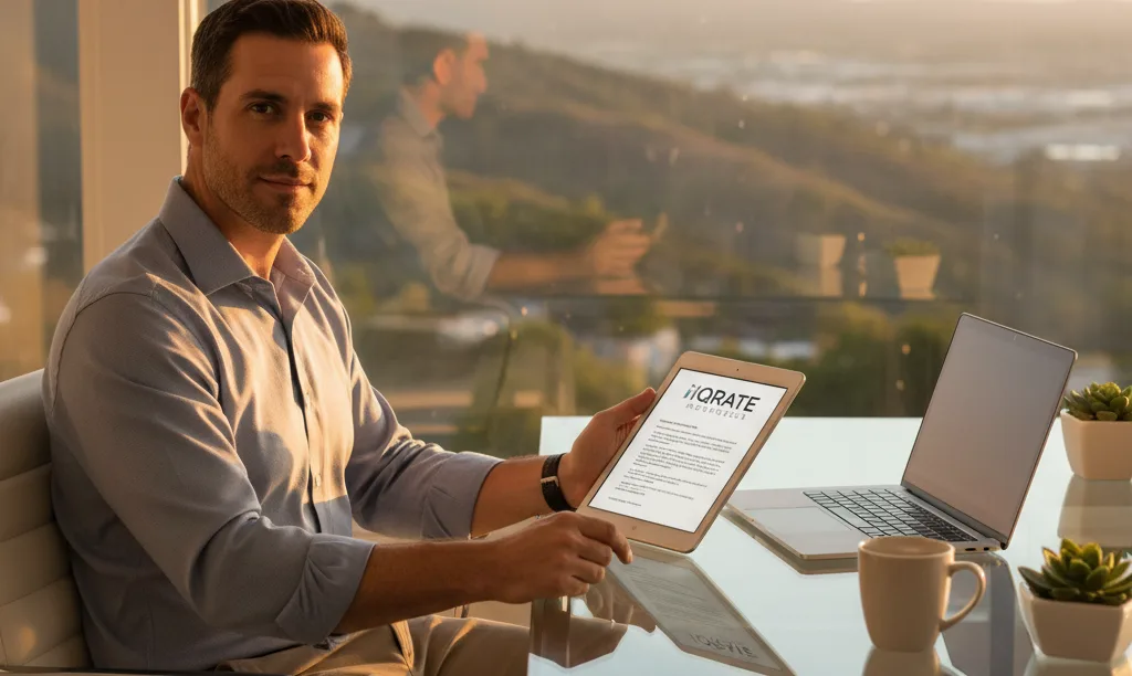 Business owner reviewing iQRATE Mortgages financial documents.