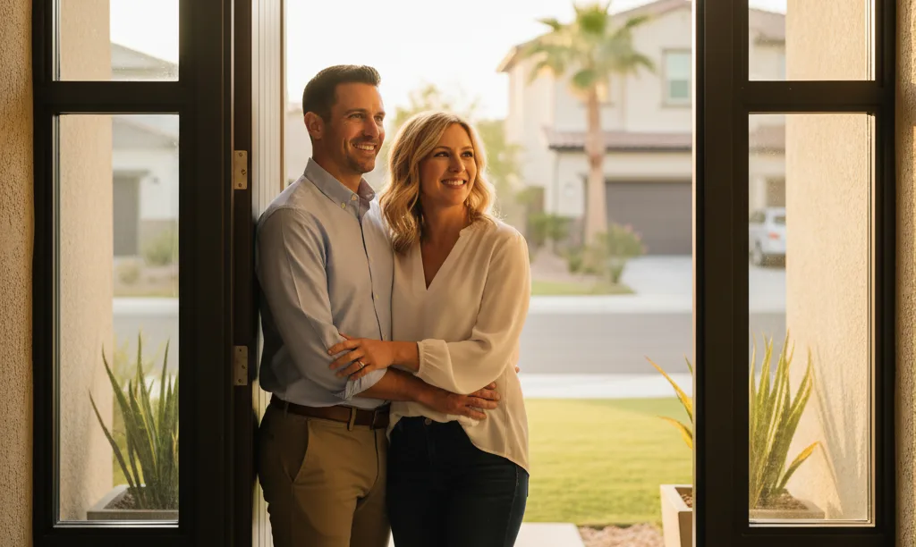 A confident couple standing in their new home.
