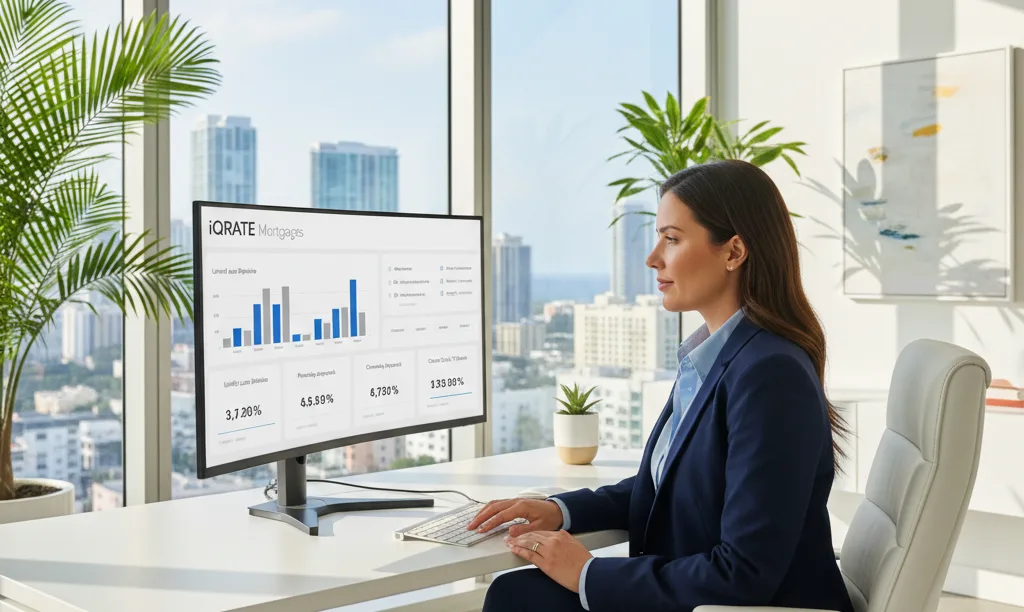 Miami team lead reviewing iQRATE Mortgages dashboard.