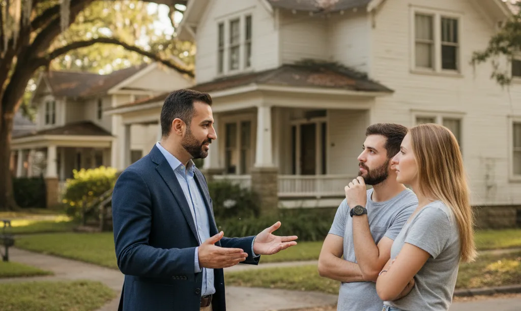 Mortgage expert advising a couple outside an older home.