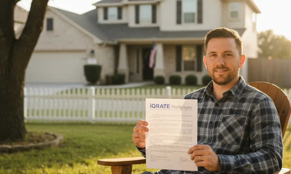 Veteran reviewing iQRATE Mortgages document on porch.