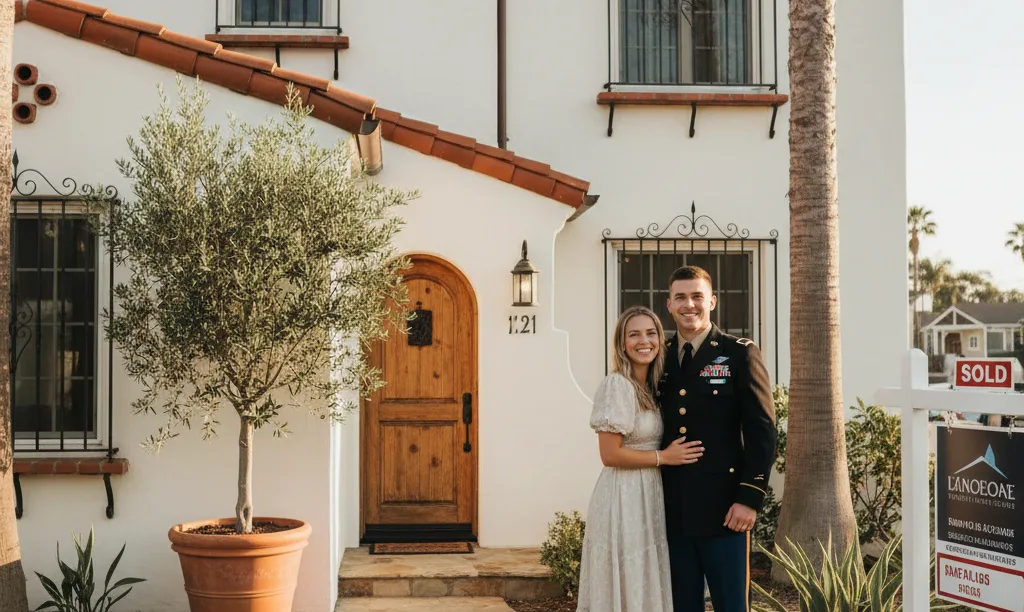 A happy couple in front of their new California duplex.