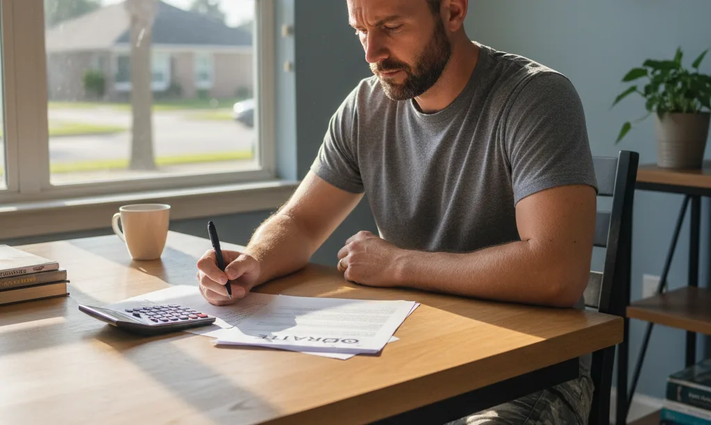 Veteran carefully reviewing iQRATE Mortgages VA IRRRL documents.