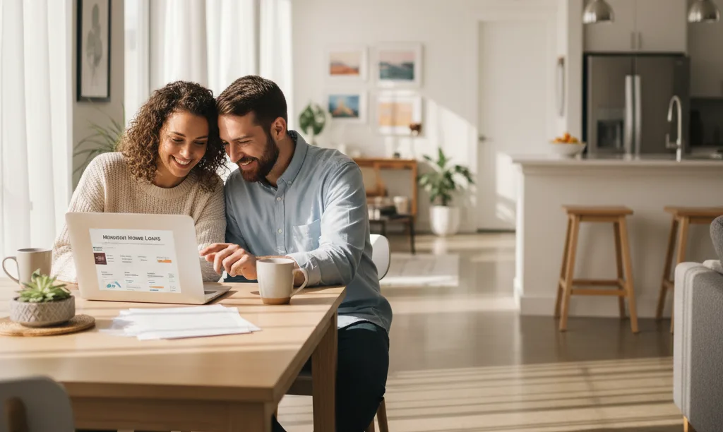Couple planning their Texas mortgage on laptop.