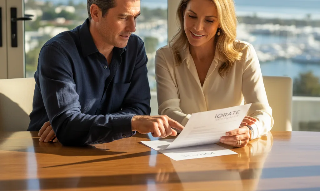 A couple reviewing an iQRATE Mortgages jumbo loan document.