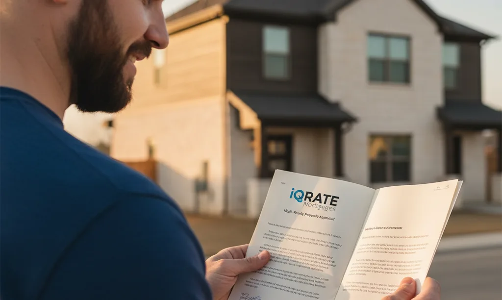 Veteran reviewing iQRATE Mortgages duplex appraisal document.