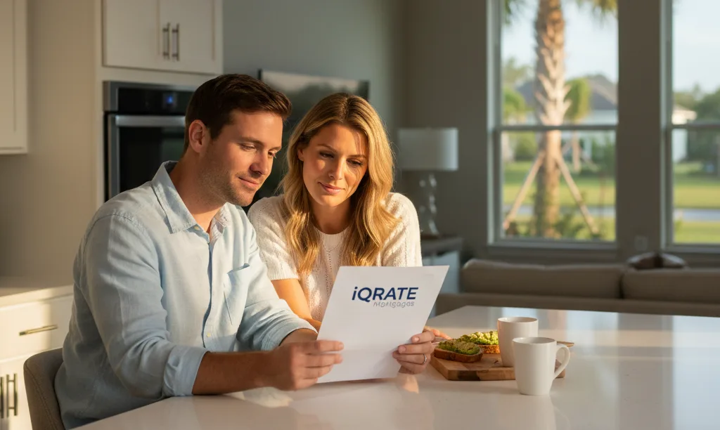 Couple confidently reviewing iQRATE Mortgages paperwork in new home.